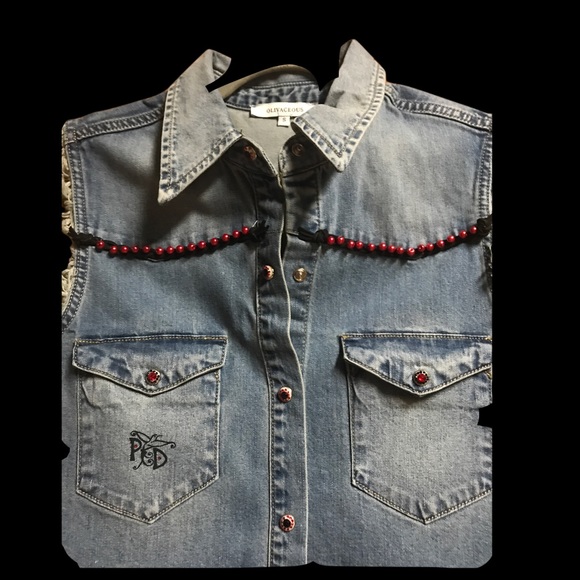 One of a Kind Red Roses Denim Sleeveless Shirt - Picture 5 of 7
